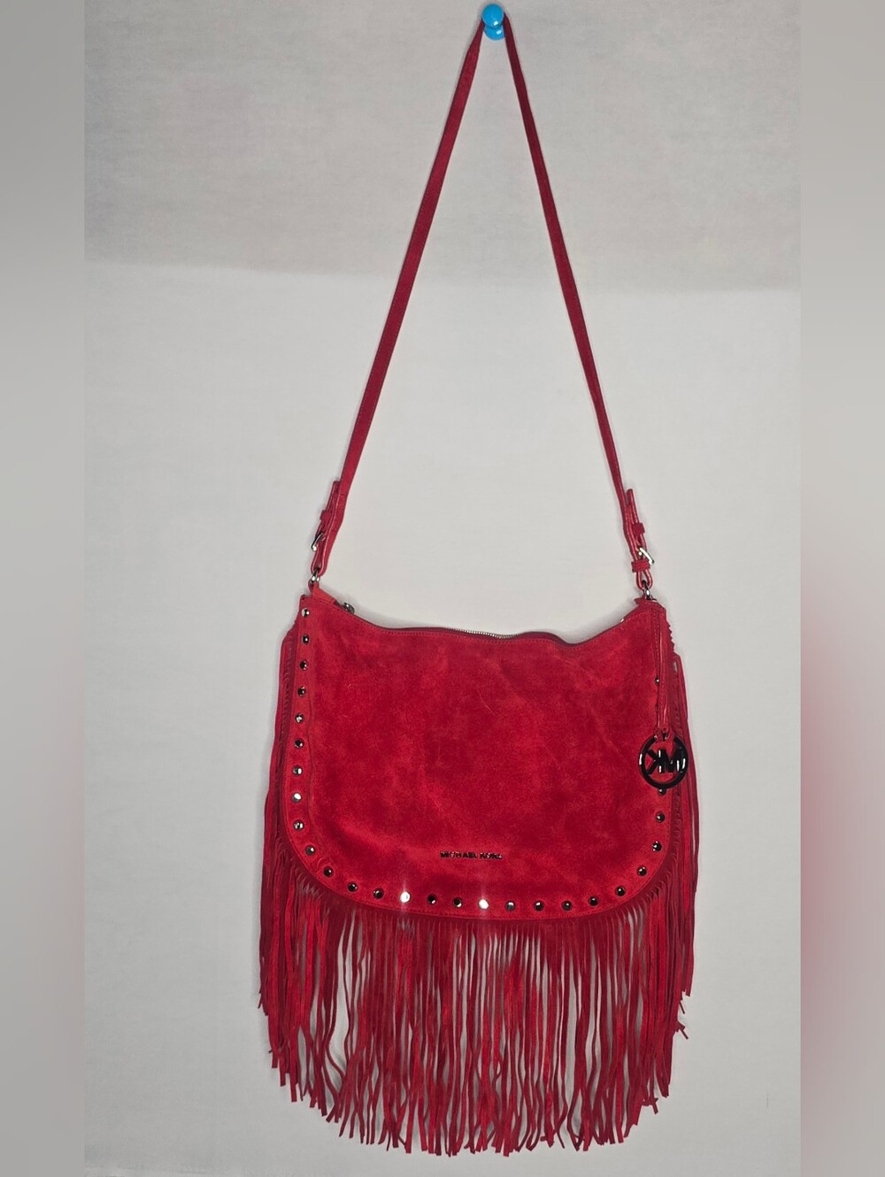 NWT Michael Kors Red Suede Fringe Silver Studded Shoulder Hobo Bag Bohemian